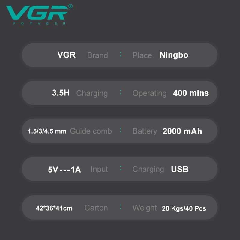 VGR V-987 Professional Hair & Beard Trimmer - 400 Min Runtime, USB-C, LED Display thumbnail 5