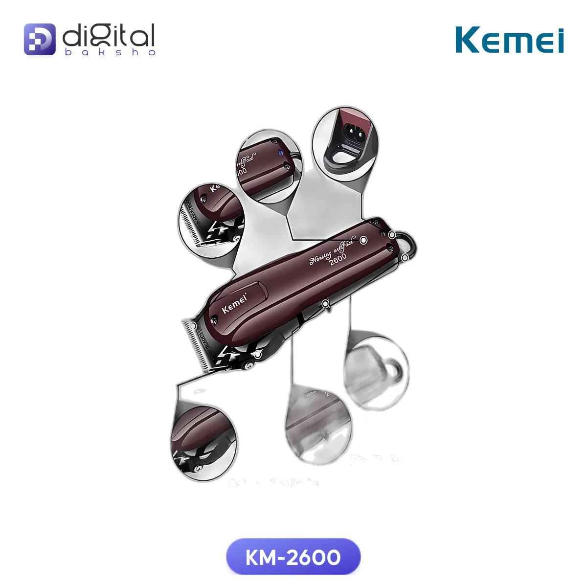 Kemei KM-2600 Professional AC-DC Trimmer - Corded & Cordless Hair Clipper with 6 Guide Combs
