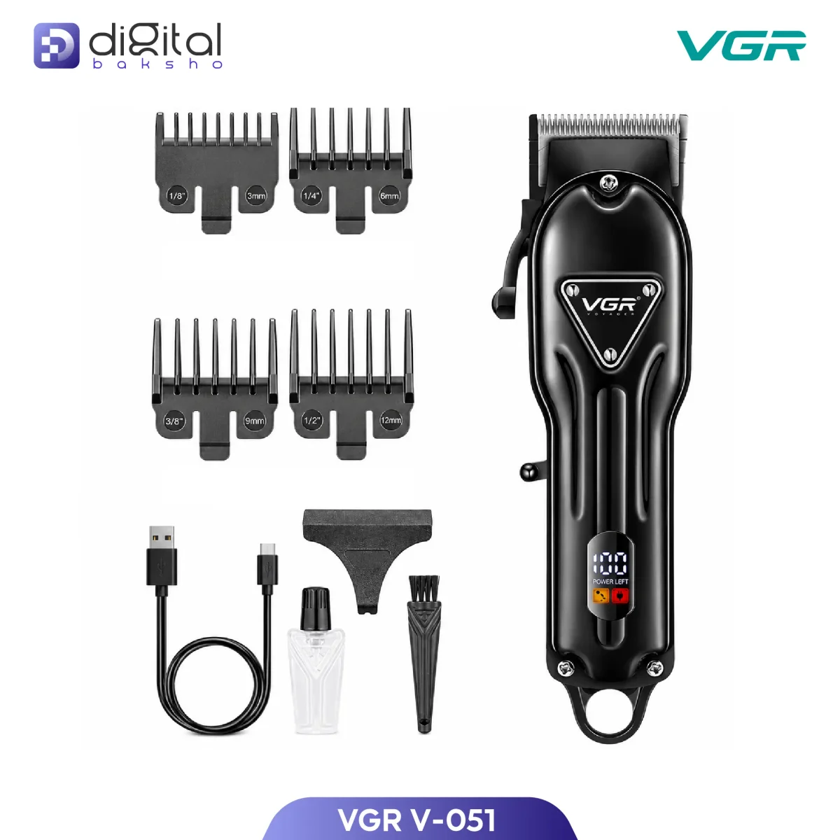 VGR V-051 Professional Trimmer for Men - Digital Baksho VGR V-051 Professional Trimmer for Men with ceramic and powder metallurgic blade, USB cord & cordless use, shown in product image.