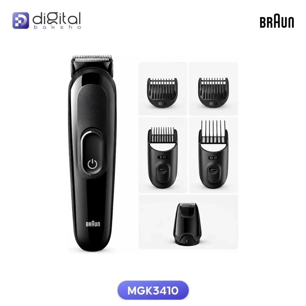 Braun MGK3410 6-in-1 Beard & Hair Trimmer, front view with trimmer, five attachments, power button