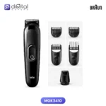 Braun MGK3410 6-in-1 Beard & Hair Trimmer, front view with trimmer, five attachments, power button