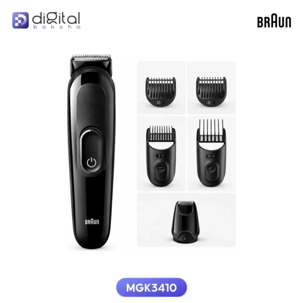 Braun MGK3410 6-in-1 Beard & Hair Trimmer, front view with trimmer, five attachments, power button
