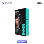 Braun MGK3410 6-in-1 Beard & Hair Trimmer, Angled view of box with trimmer and attachments