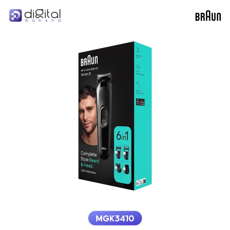 Braun MGK3410 6-in-1 Beard & Hair Trimmer, Angled view of box with trimmer and attachments