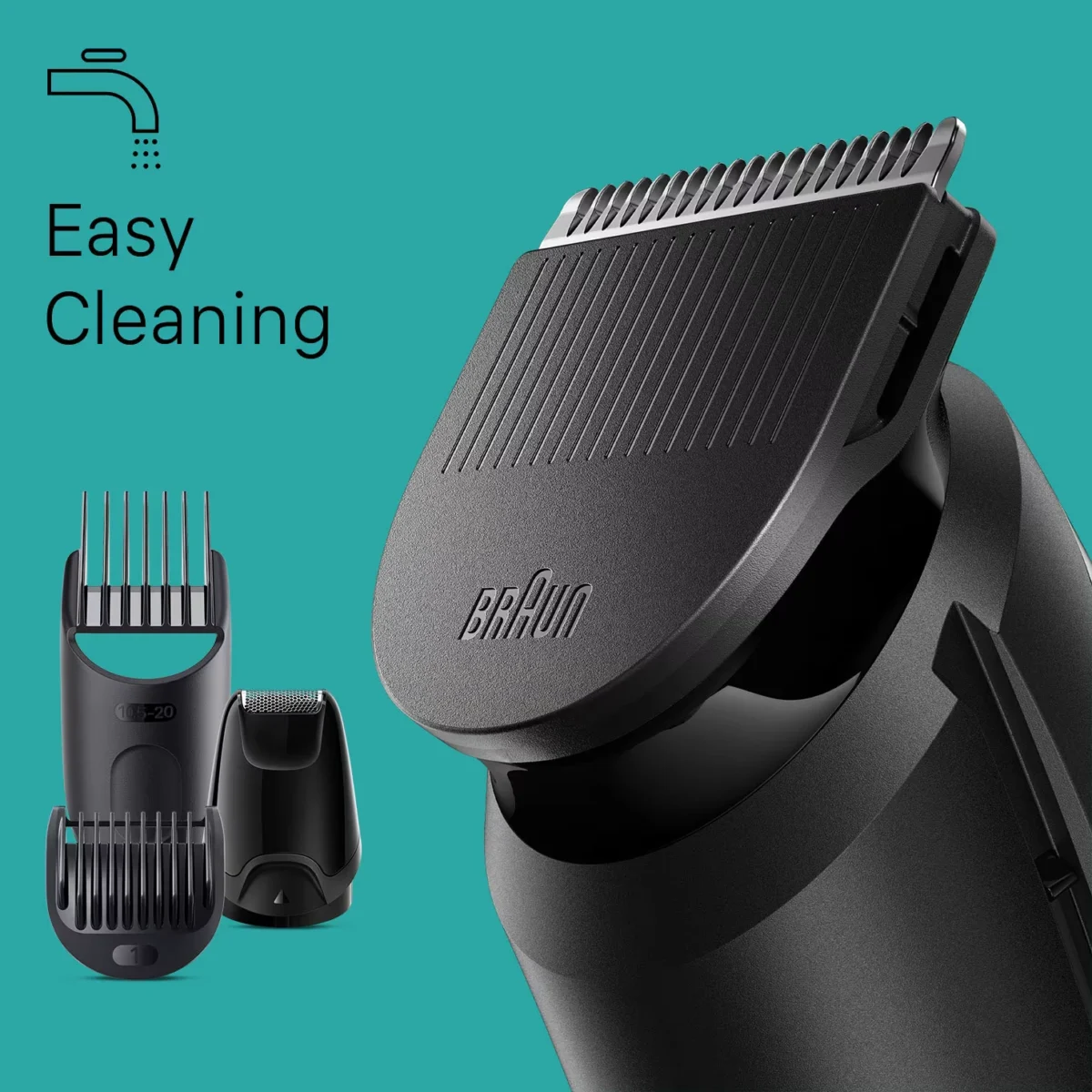 Braun MGK3410 6-in-1 Beard & Hair Trimmer, Angled close-up of trimmer head and attachments