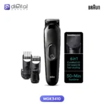 Braun MGK3410 6-in-1 Beard & Hair Trimmer, Front view trimmer, attachments, blade close-up, text