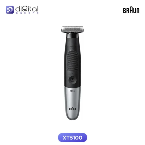 Braun XT5100 XT5 All-in-One Beard & Body Trimmer, Front view with trimmer head, black grip, power button