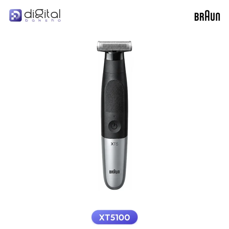 Braun XT5100 XT5 All-in-One Beard & Body Trimmer, Front view with trimmer head, black grip, power button