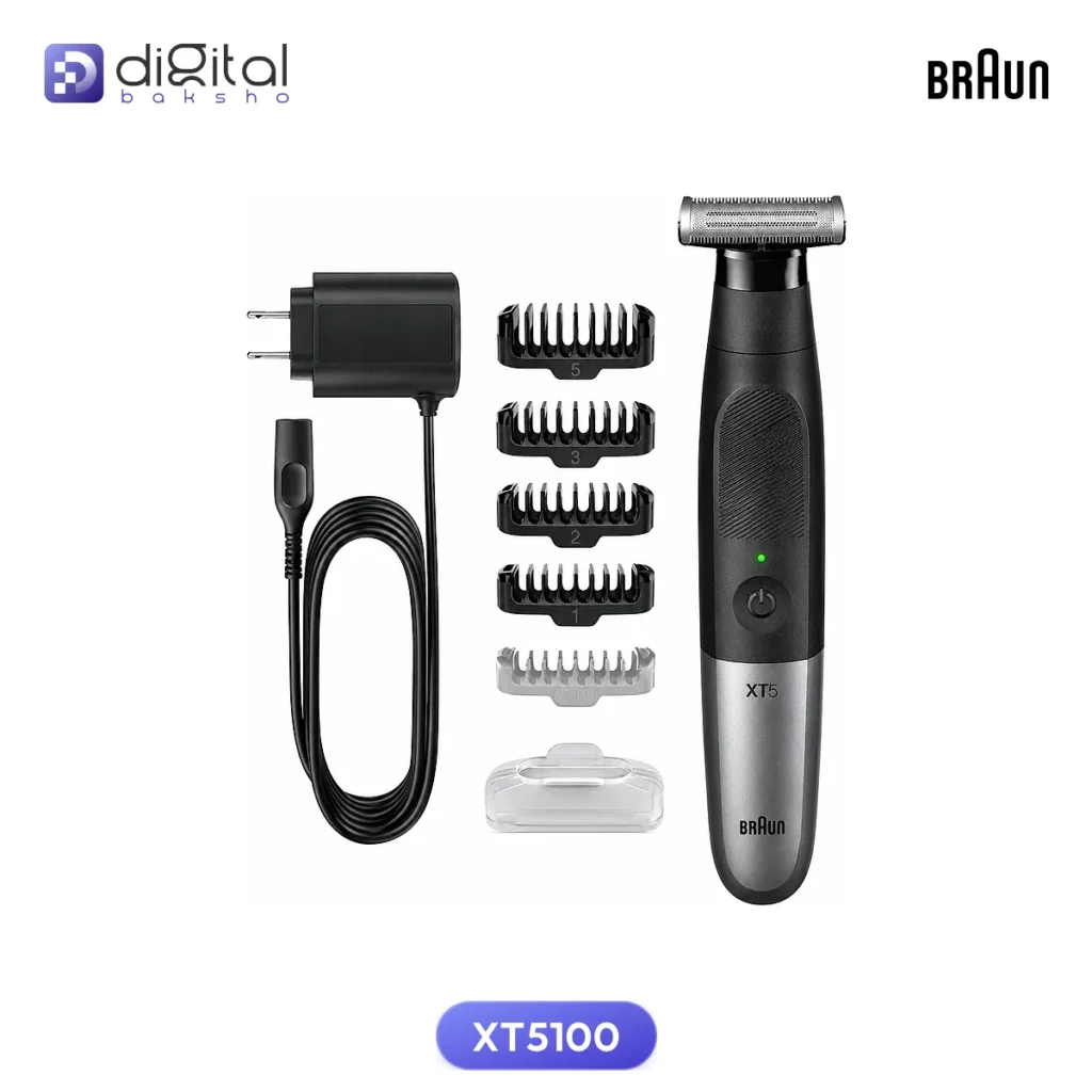 Braun XT5100 XT5 All-in-One Beard & Body Trimmer, front view, trimmer, charger, five combs, clear cap