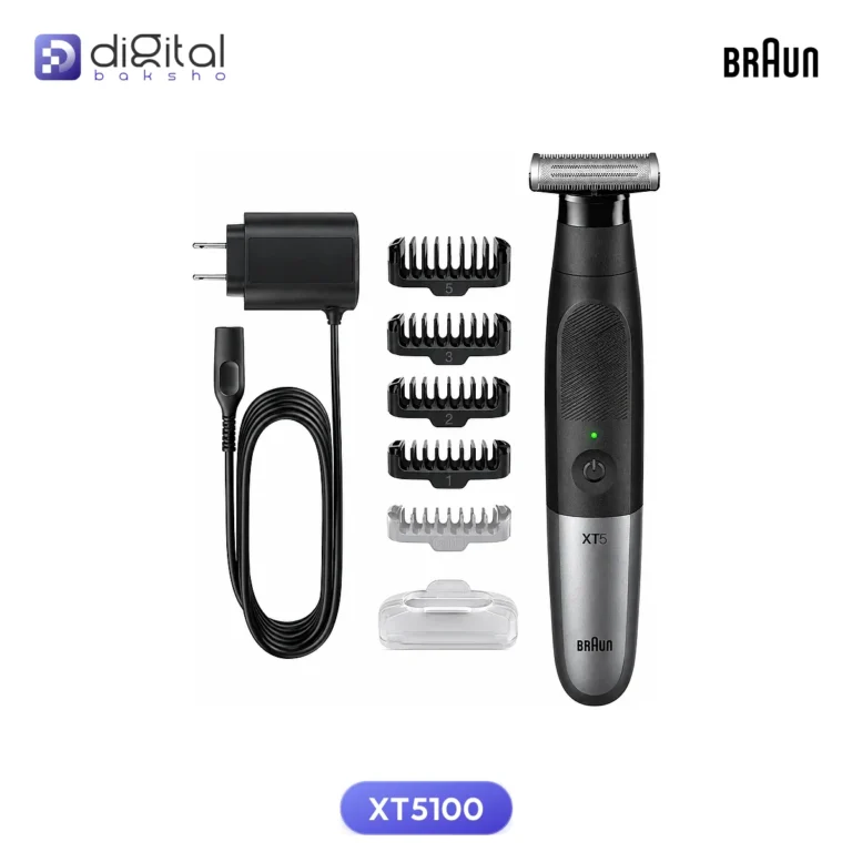 Braun XT5100 XT5 All-in-One Beard & Body Trimmer, front view, trimmer, charger, five combs, clear cap