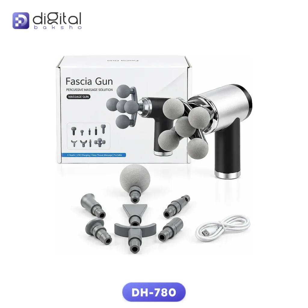 DH-780 Five-headed Fascia Gun with five massage heads, cordless design, and Type-C charging, shown in product image.