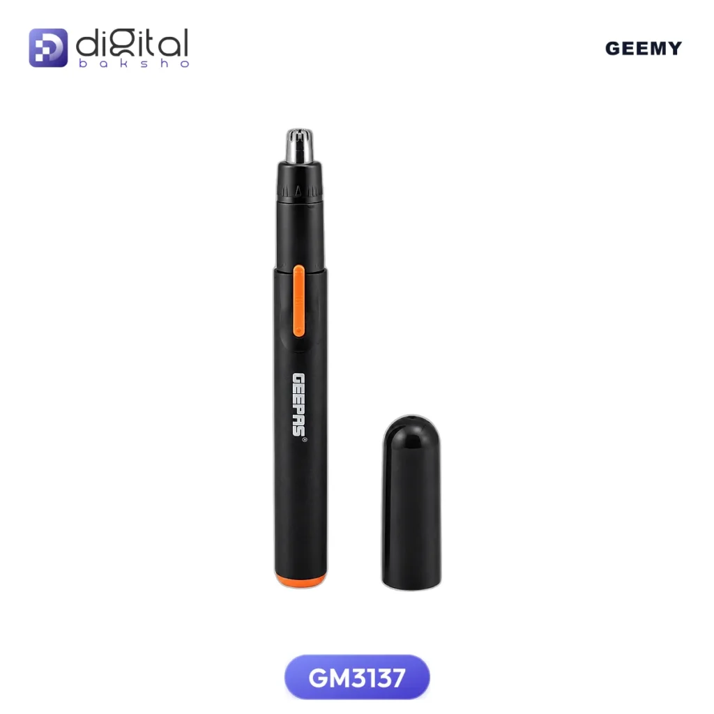 Geemy Gm3137 professional Nose & Hair Trimmer, Upright front view with detached black cap