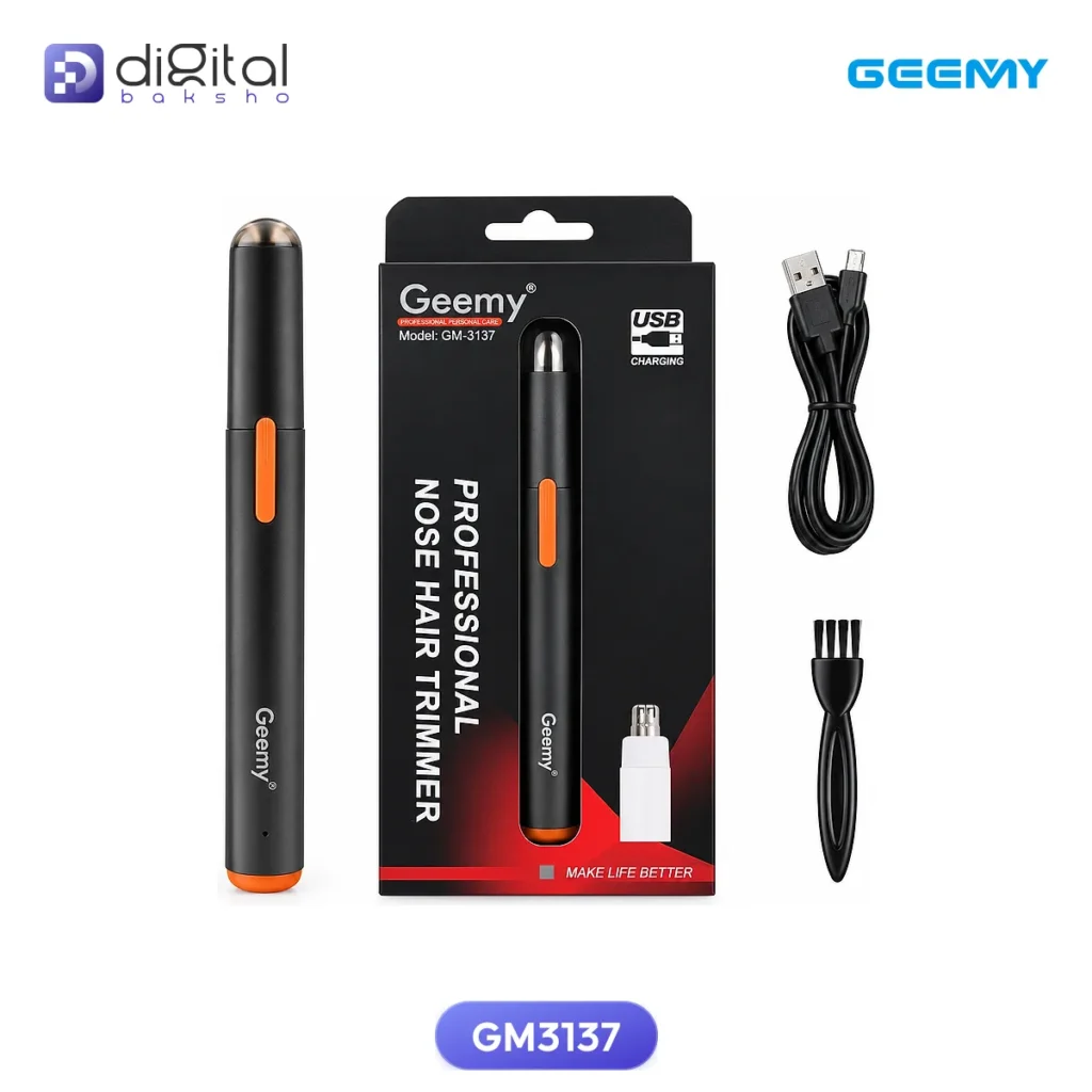 Geemy Gm3137 professional Nose & Hair Trimmer, Front view: trimmer, box, USB cable, brush