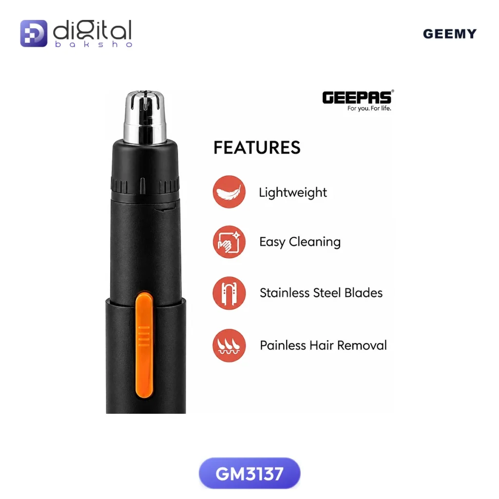 Geemy Gm3137 professional Nose & Hair Trimmer, Front view, black body, silver head, orange slider