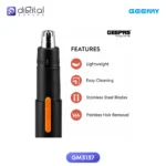 Geemy Gm3137 professional Nose & Hair Trimmer, front view with trimmer, box, USB cable, brush