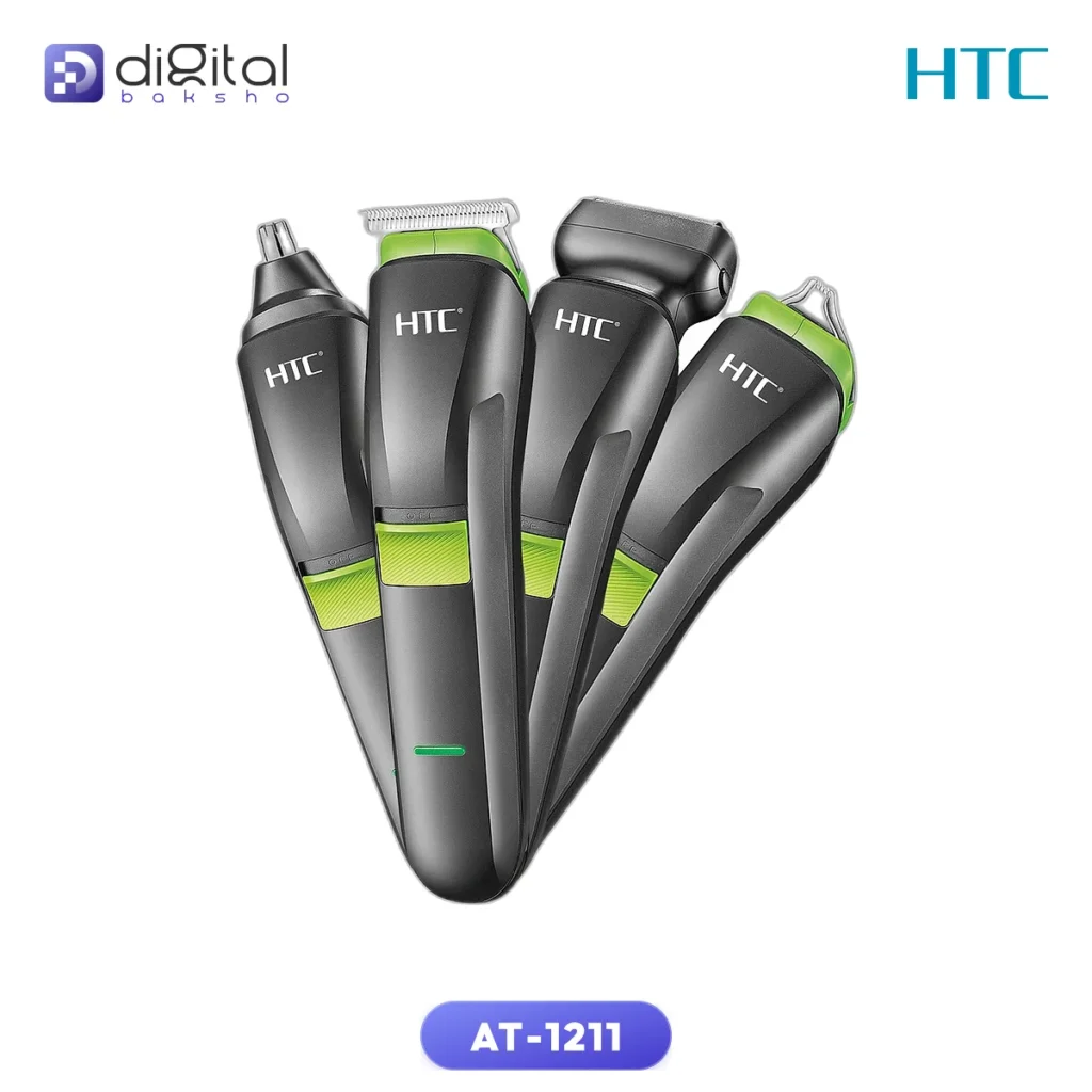 HTC AT-1211 4-in-1 Electric Grooming Kit with stainless steel blades and rechargeable battery, shown with attachments.