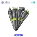 HTC AT-1211 4-in-1 Electric Grooming Kit with stainless steel blades and rechargeable battery, shown with attachments.