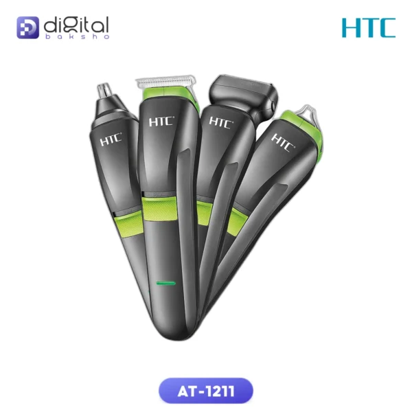 HTC AT-1211 4-in-1 Electric Grooming Kit with stainless steel blades and rechargeable battery, shown with attachments.