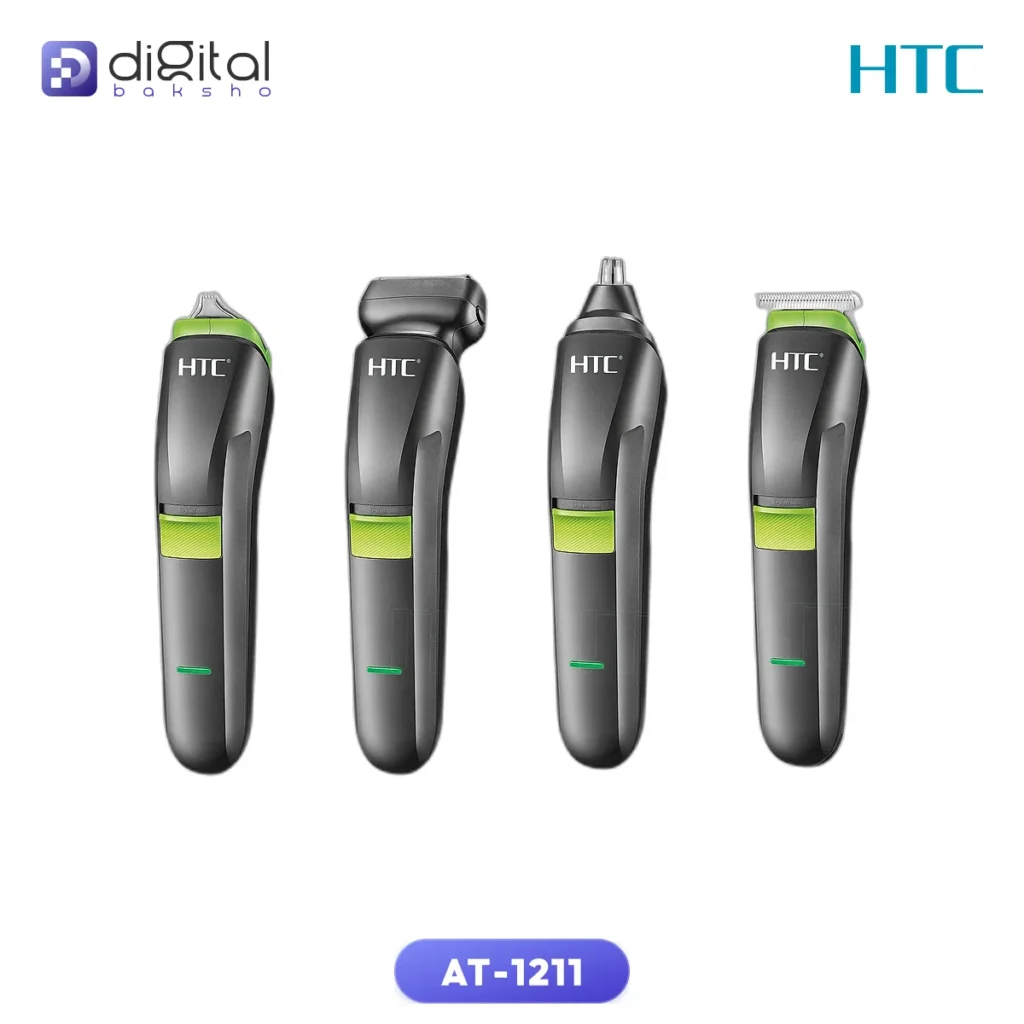 HTC AT-1211 4-in-1 Electric Grooming Kit with stainless steel blades and rechargeable battery, shown with attachments for beard trimming, hair clipping, and nose grooming.