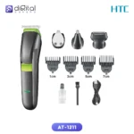 HTC AT-1211 4-in-1 Electric Grooming Kit with stainless steel blades and rechargeable battery, shown with attachments for trimming, shaving, and grooming.