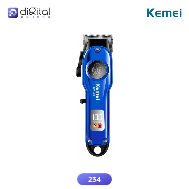 Kemei 234 Professional Hair & Beard Trimmer for Men, Front view with blue body and LCD screen