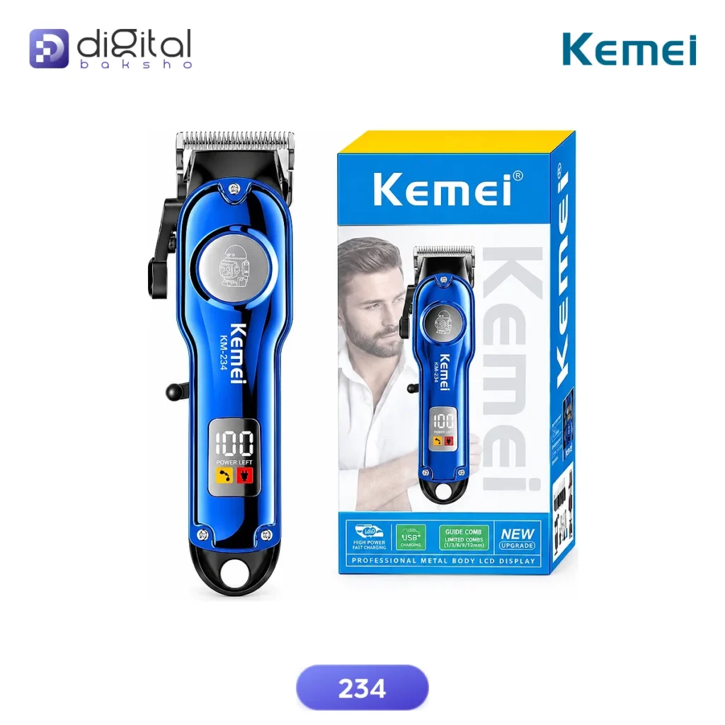 Kemei 234 Professional Hair & Beard Trimmer for Men, Front view of clipper and box