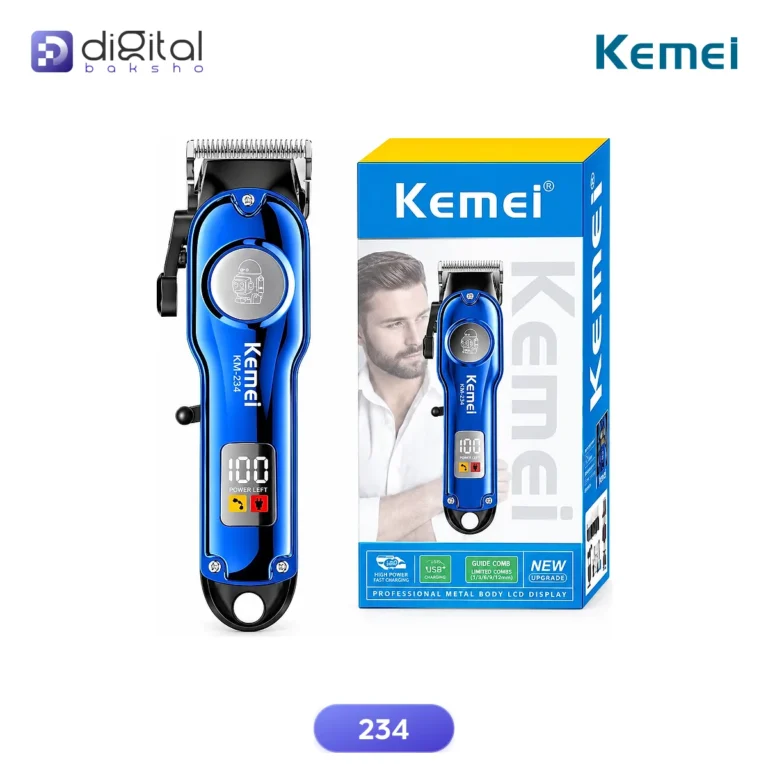 Kemei 234 Professional Hair & Beard Trimmer for Men, Front view of clipper and box