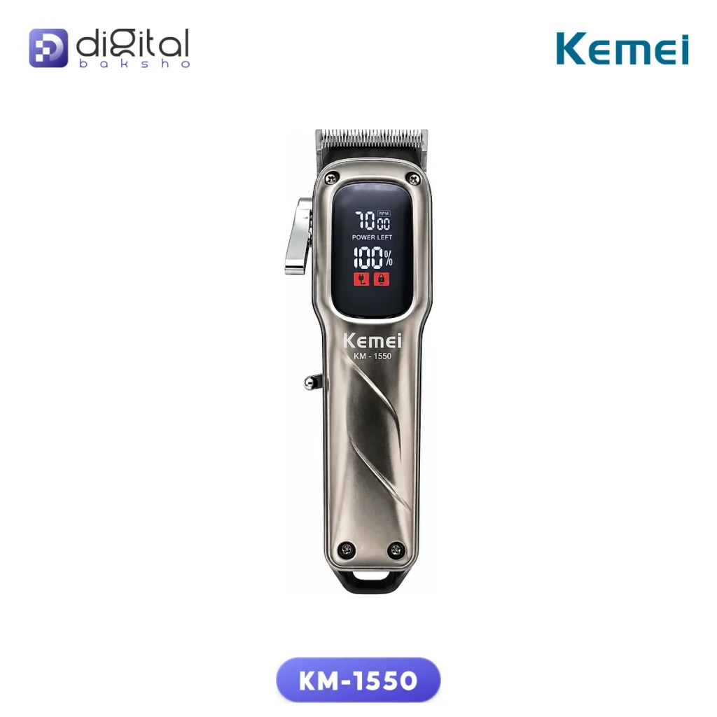 Kemei KM-1550 cordless hair and beard trimmer with self-sharpening carbon stainless steel blades and rechargeable lithium-ion battery, shown from front angle.