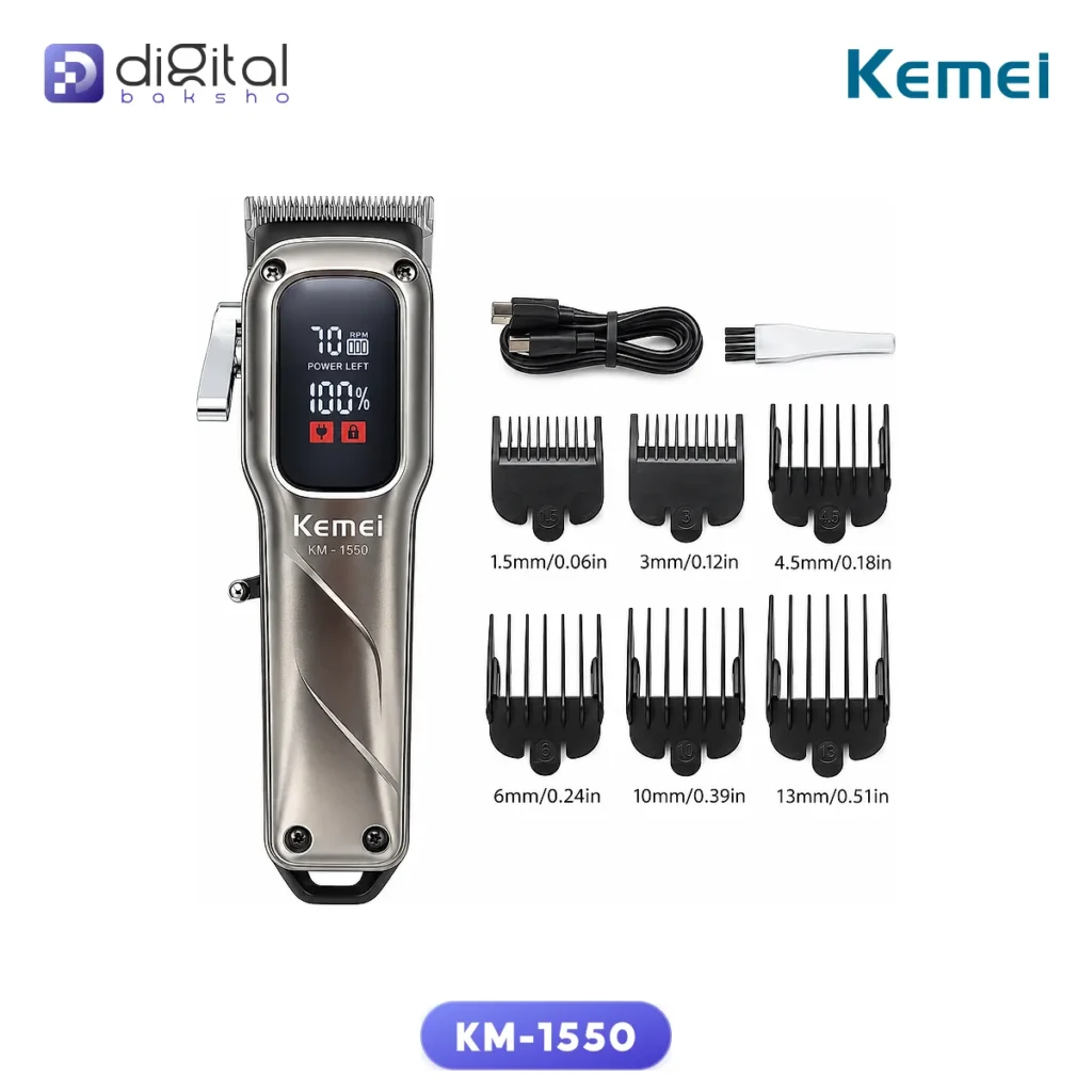 Kemei KM-1550 cordless hair and beard trimmer with self-sharpening carbon stainless steel blades and rechargeable lithium-ion battery, shown with accessories.