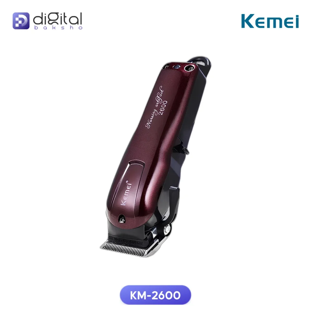 Kemei KM-2600 Professional AC-DC Trimmer, Angled view of clipper body, blade, and text