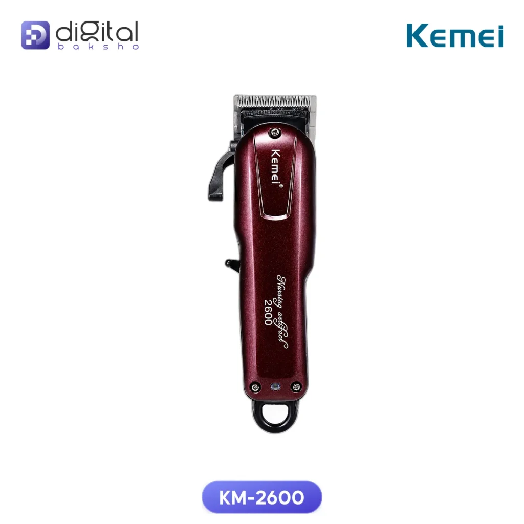 Kemei KM-2600 Professional AC-DC Trimmer, Front view, blade, maroon body, hanging loop