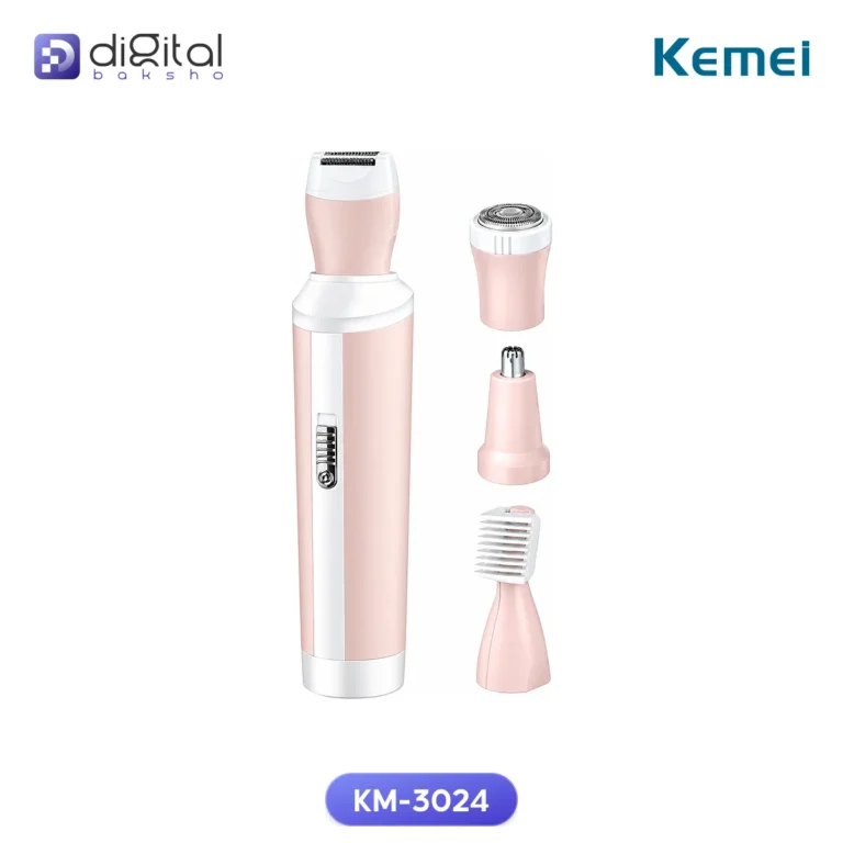 Kemei KM-3024 Leady Shaver & Trimmer, Front view: pink device, three separate head attachments