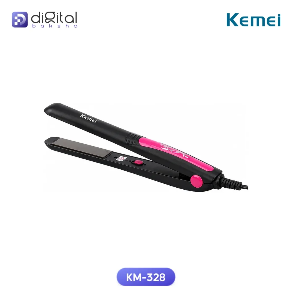 Kemei KM-328 Professional Hair Straightener, Angled view, open hair straightener, plates, button, cord