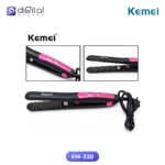 Kemei KM-328 Professional Hair Straightener, Side view, flat iron with cord and two inset close-ups