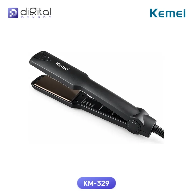 Kemei KM-329 Hair Straightener, Angled view with plates, buttons, handle