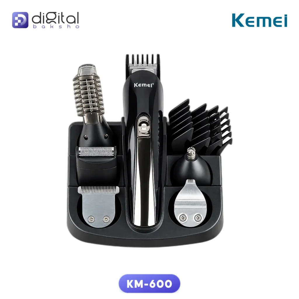 Kemei KM-600 11-in-1 Multi Grooming Kit for Men, Front view, trimmer, stand, attachments, Kemei, KM-600