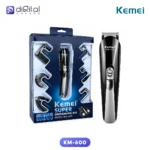 Kemei KM-600 11-in-1 Multi Grooming Kit for Men, Front view of box and trimmer with attachments