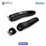 Kemei KM-600 11-in-1 Multi Grooming Kit for Men, Angled view with black trimmer, detached blade, open base