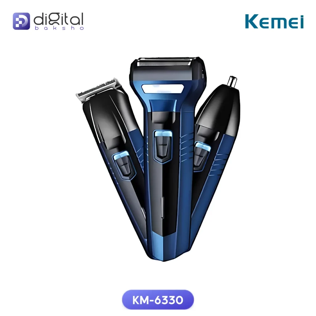 Kemei KM-6330 3-in-1 Grooming Kit, Front view of three blue-and-black grooming tools