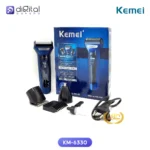 Kemei KM-6330 3-in-1 Grooming Kit, Front view: shaver, box, attachments, power cord