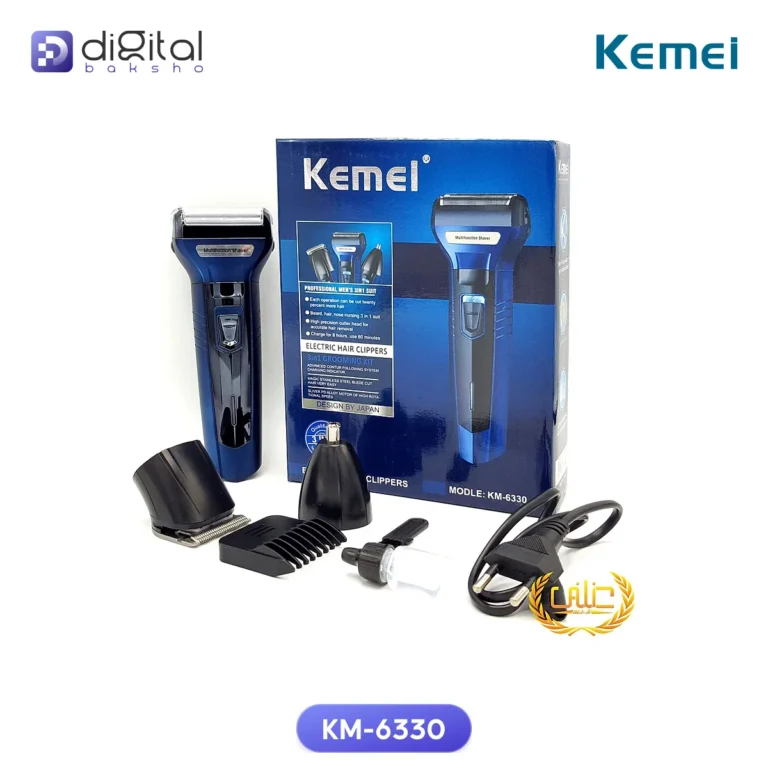 Kemei KM-6330 3-in-1 Grooming Kit, Front view: shaver, box, attachments, power cord