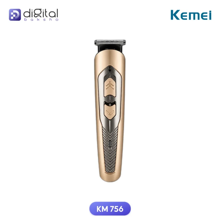 Kemei KM 756 Hair Trimmer & Clipper for Men, front view of trimmer, blade, buttons, logos