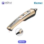 Kemei KM 756 Hair Trimmer & Clipper for Men, Angled view with blade, buttons, charging port close-up