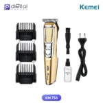 Kemei KM 756 Hair Trimmer & Clipper for Men, Front view, clipper, combs, brush, oil bottle, cord