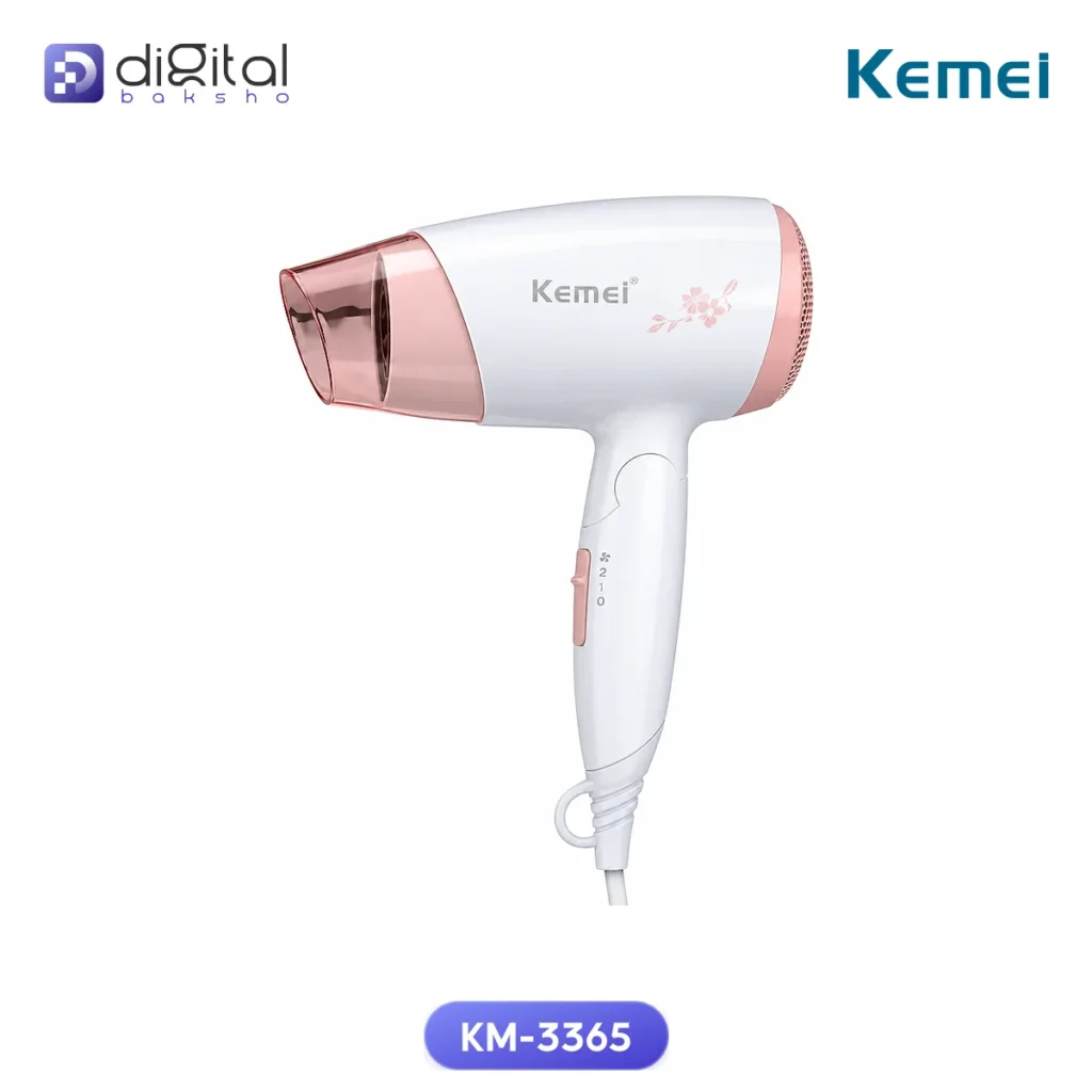 Kemei KM-3365 Kemey Hair Dryer 1800W, Angled view with nozzle, handle, and body