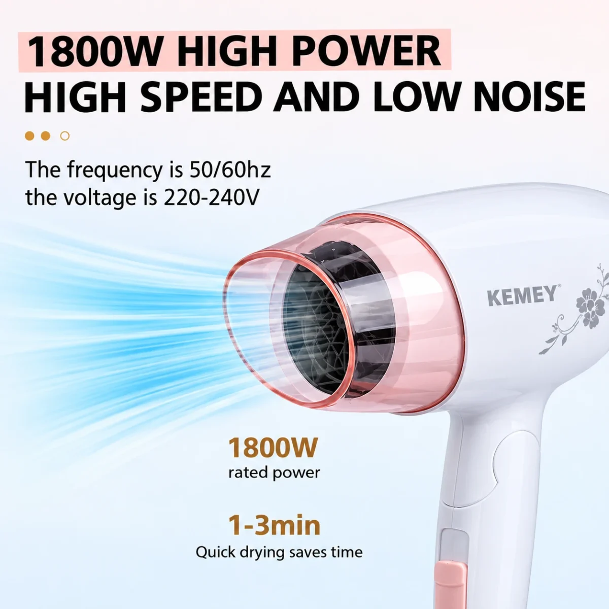 Kemei KM-3365 Kemey Hair Dryer 1800W, Angled view of white hair dryer with pink nozzle