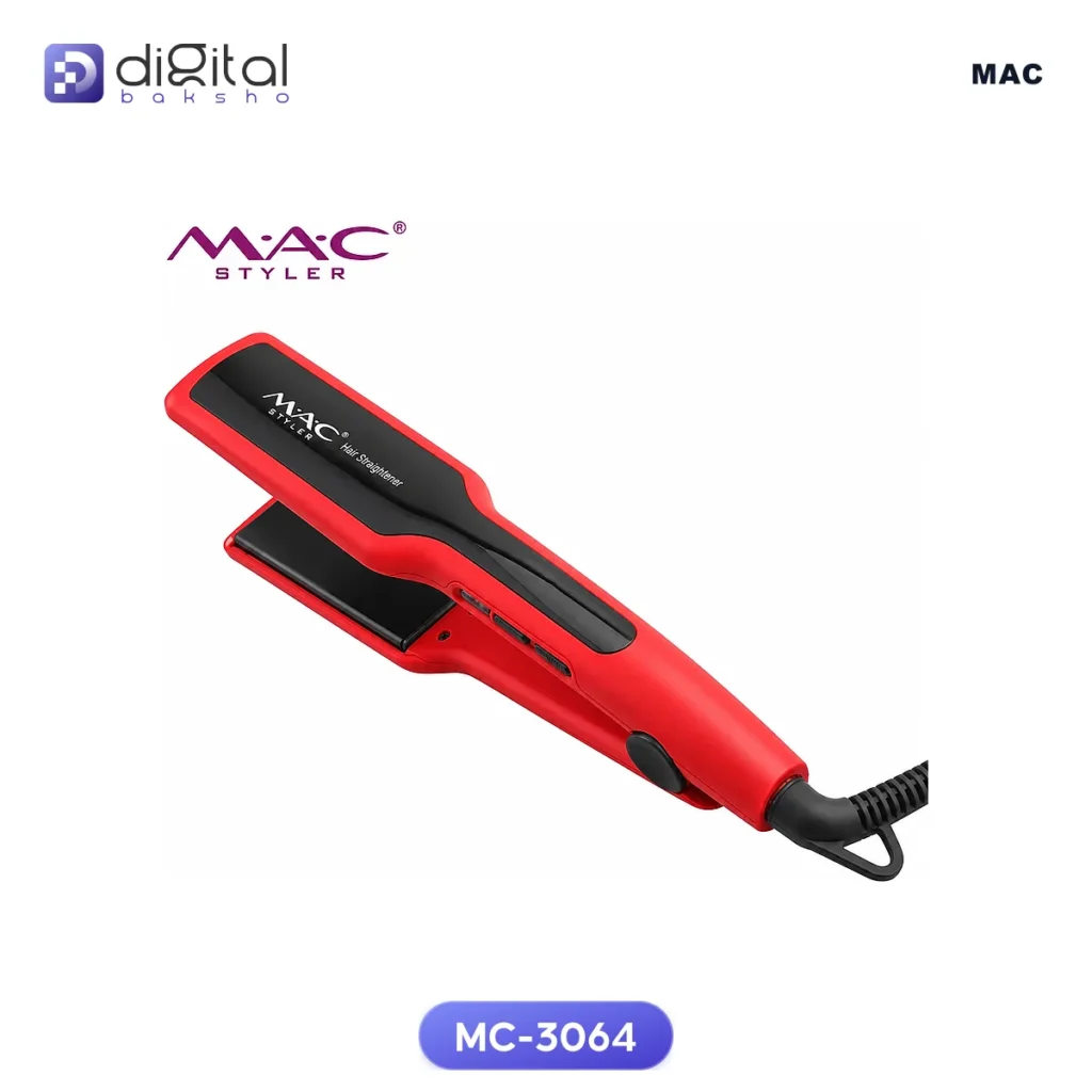 MAC MC-3064 Professional Hair Straightner MAC Styler, Angled view, red body, black plates, cord