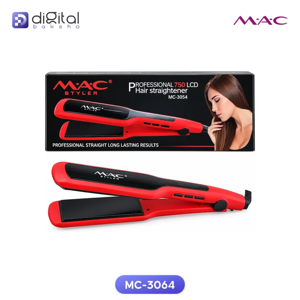 MAC MC-3064 Professional Hair Straightner MAC Styler, Angled view with digital display and comb attachment