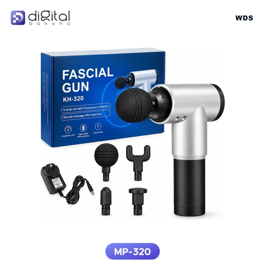 WDS MP-320 Fascial Gun Deep Tissue Muscle Massager, Angled view of gun, box, charger, four heads