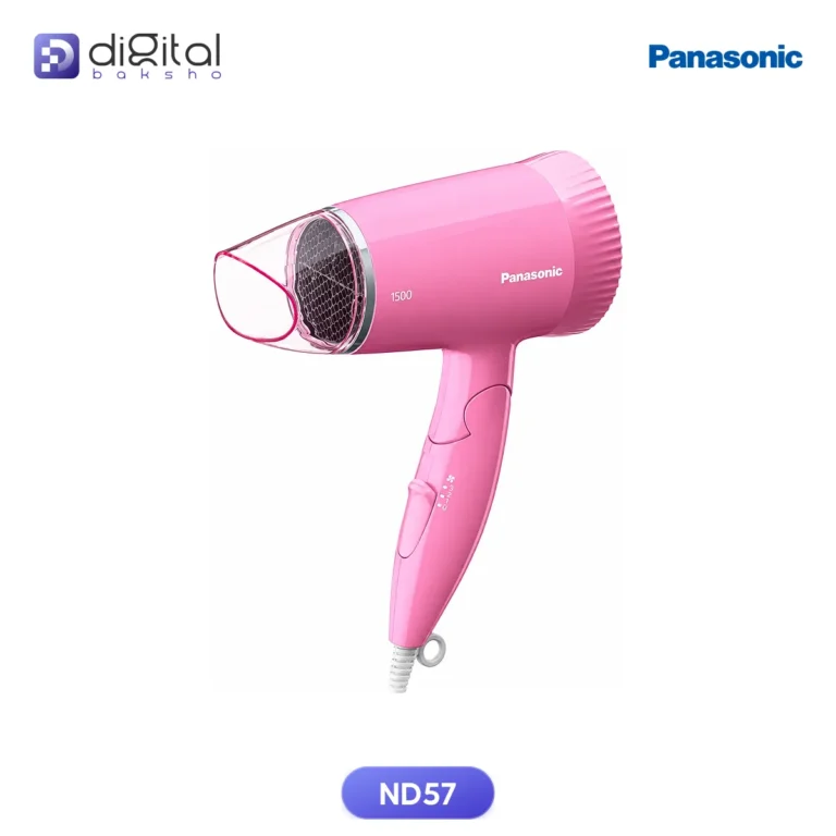 Panasonic ND57 EH- Hair Dryer 1500W, side view, pink hair dryer, nozzle, handle, buttons